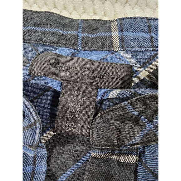 Maison Cinqeent Shirt Womens Small Plaid Button Down Raw Hem Ruffled Front - Picture 4 of 6